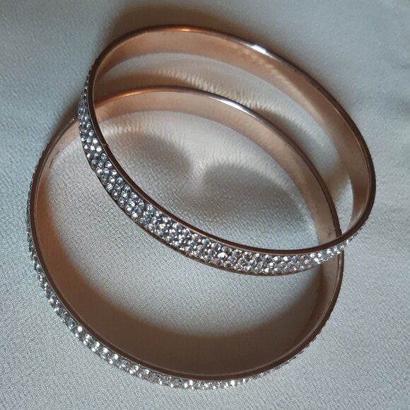 2 Gold Tone Metal Bangle Bracelets, 3 Rows of Rhinestones - Picture 1 of 10
